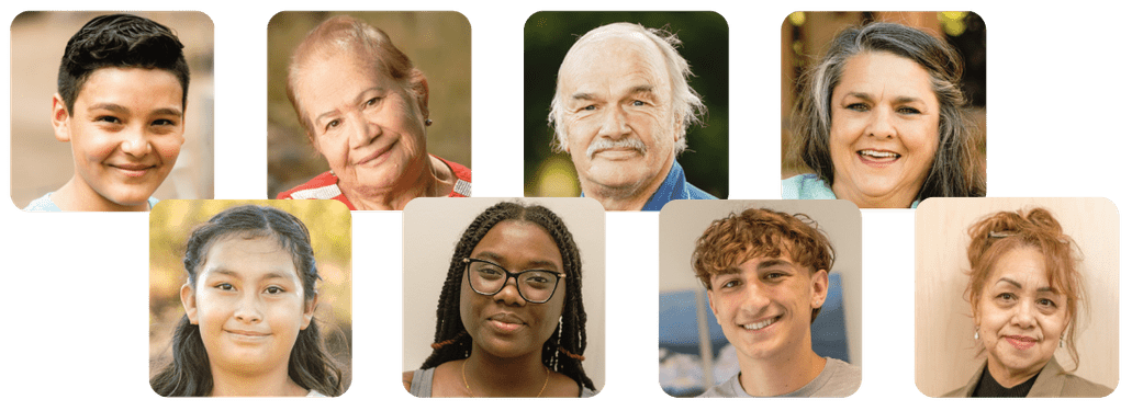 Portraits of eight Mosaic Community Health patients and community members of different ages.