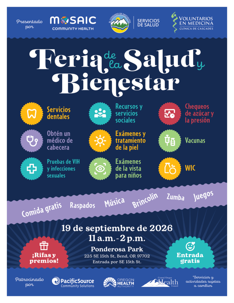 Spanish-language flyer for the free Health and Wellness Fair on Sept. 19, 2026, from 11 a.m. to 2 p.m. at Ponderosa Park in Bend, featuring free health services, screenings, family activities and community resources.