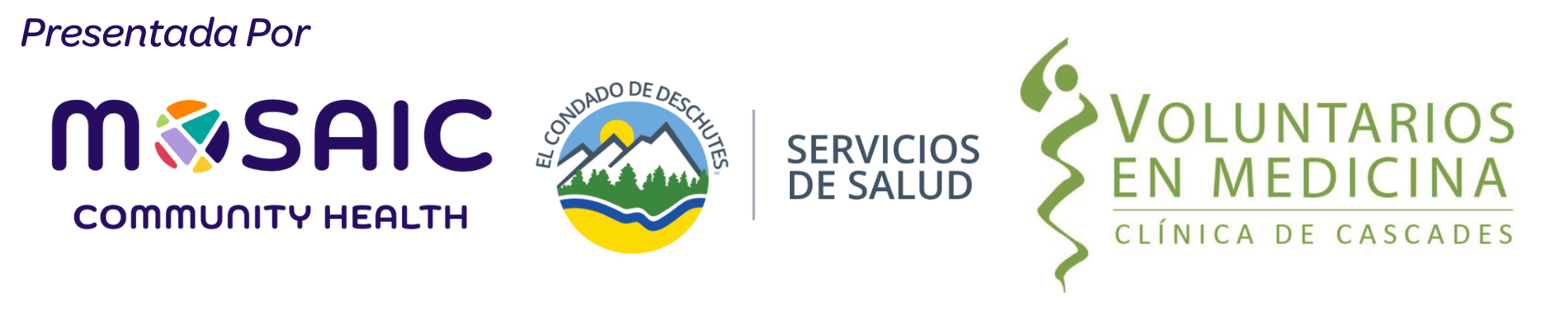 Logos for Mosaic Community Health, Deschutes County Health Services and Volunteers in Medicine.
