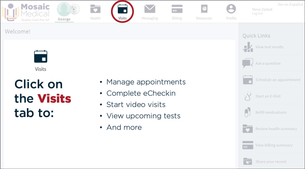 MyChart list of actions that can be taken on the Visits tab